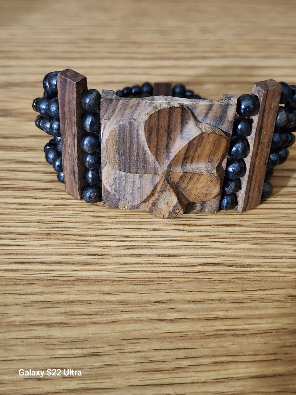 Coconut Shell Bead Bracelet with Carved Floral Panel - Brown & Black